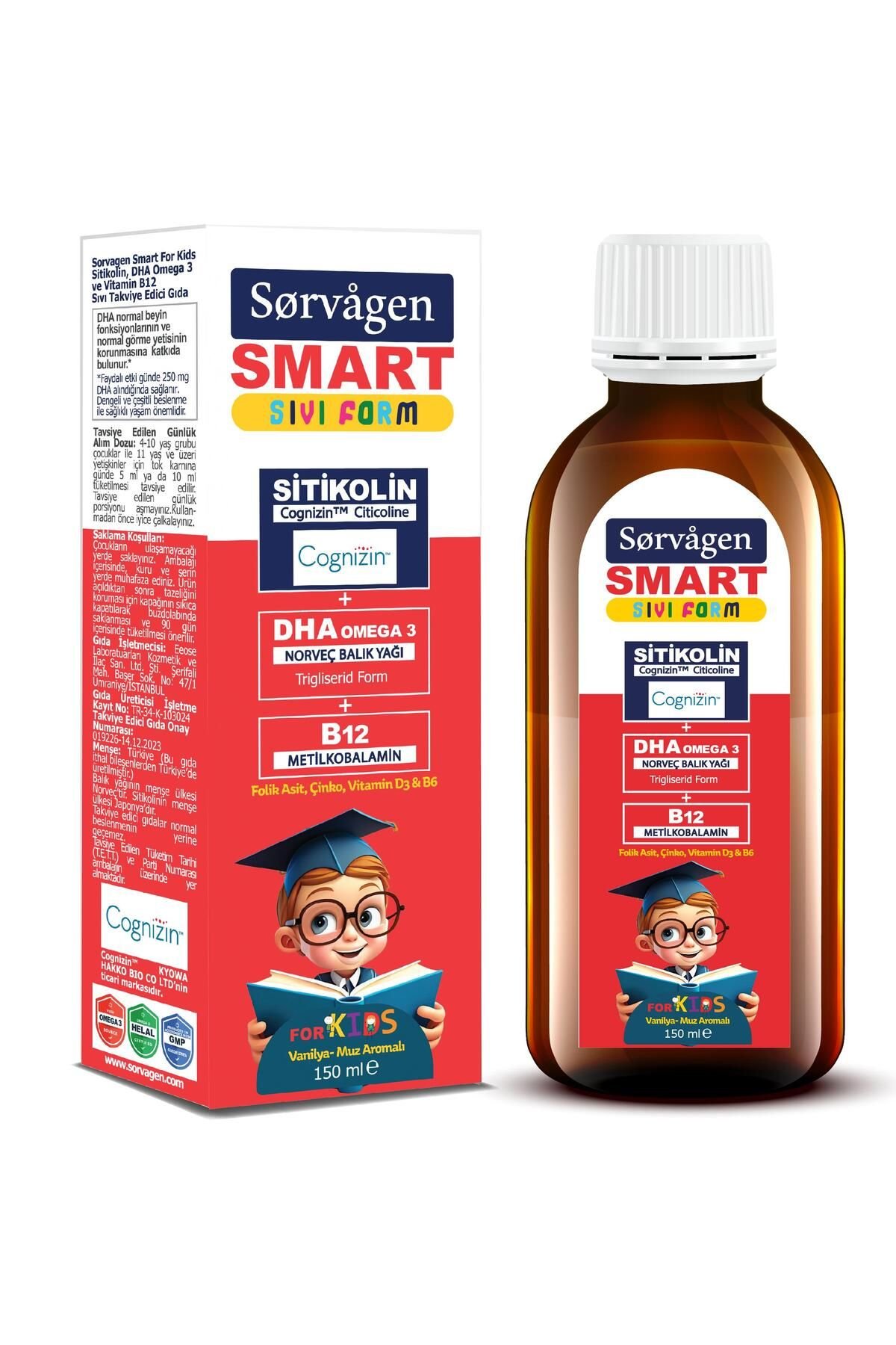 Sorvagen Smart Kids Sıvı Form Sitikolin Dha Omega 3 Norveç Balık Yağı ve B12 150 ml
